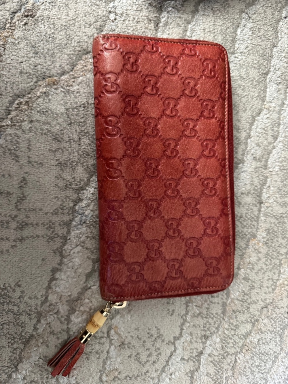 Authentic Gucci Zip-Around Wallet – Red/orange leather with Bamboo Tassel